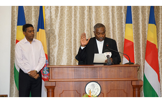 Judge Renaud Sworn In as Justice of the Court of Appeal before the President of the Republic, President Danny Faure